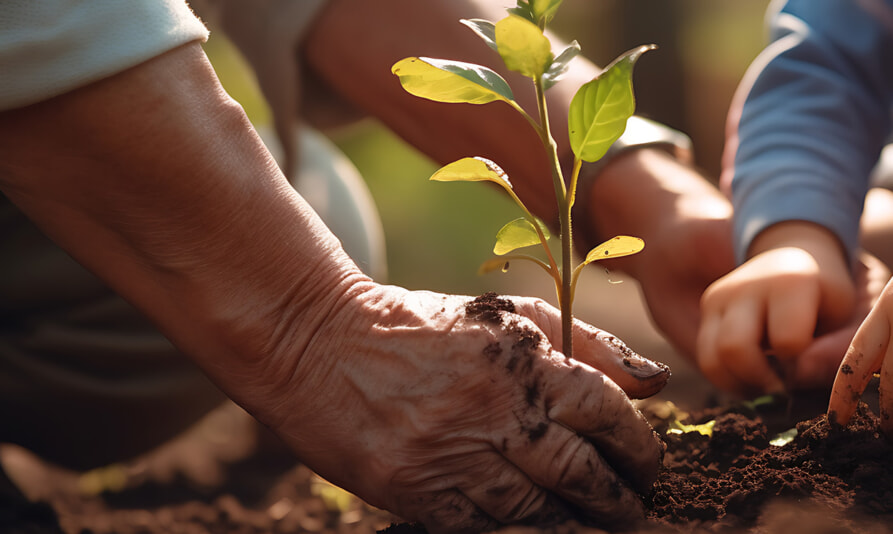 Grandfather shows his grandson how to plant a tree and take care of the garden and plants. Created with Generative AI technology.